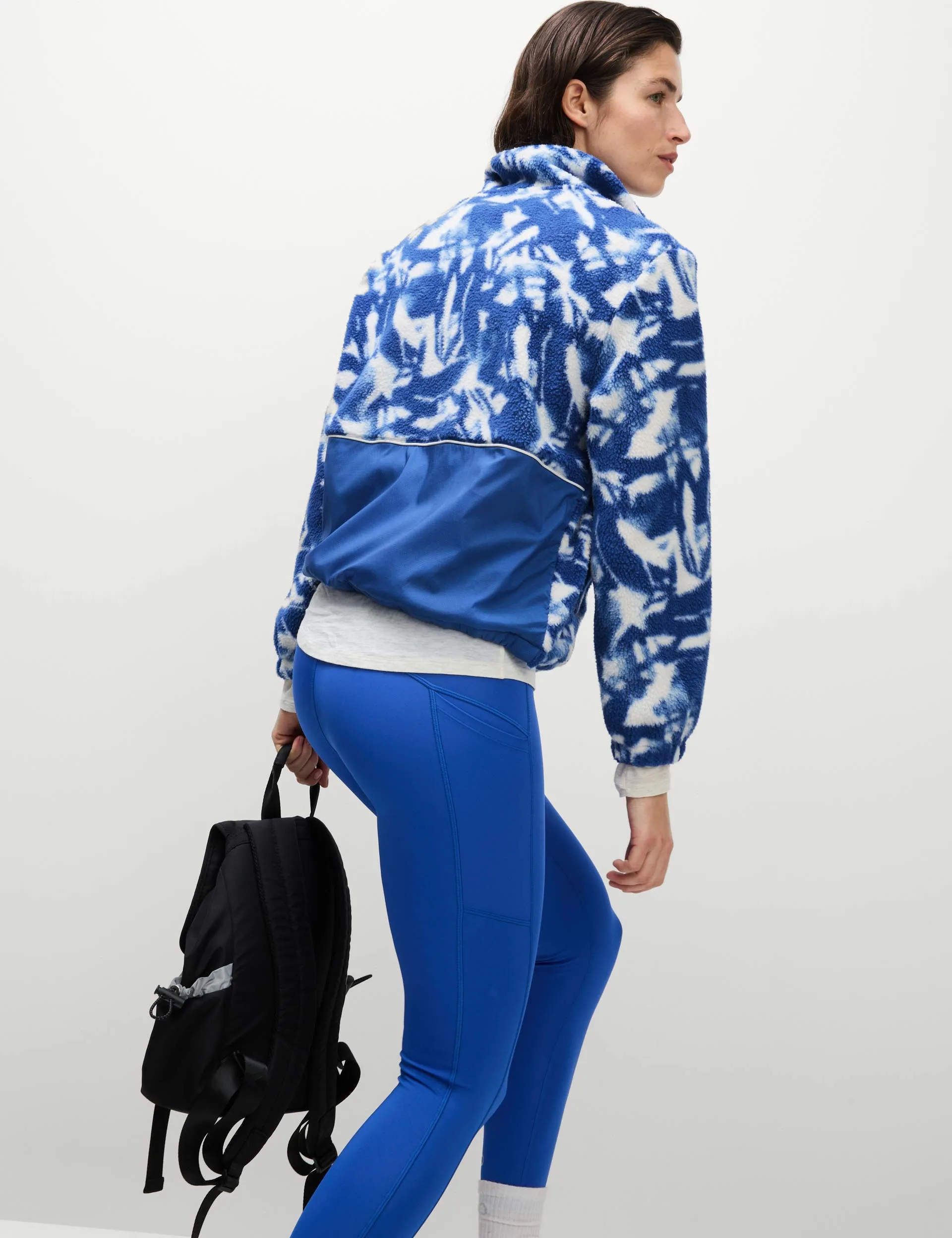 Borg Printed Funnel Neck Zip Up Fleece Jacket - Blue/White