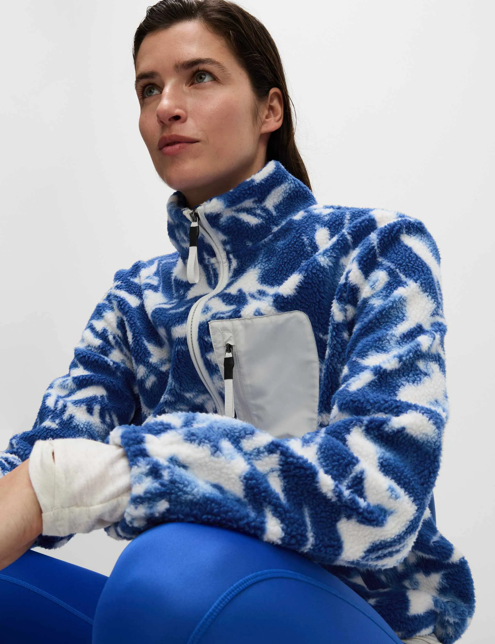 Borg Printed Funnel Neck Zip Up Fleece Jacket - Blue/White