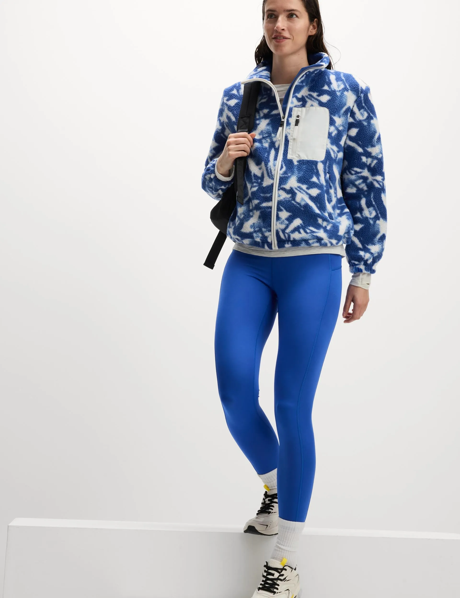 Borg Printed Funnel Neck Zip Up Fleece Jacket - Blue/White