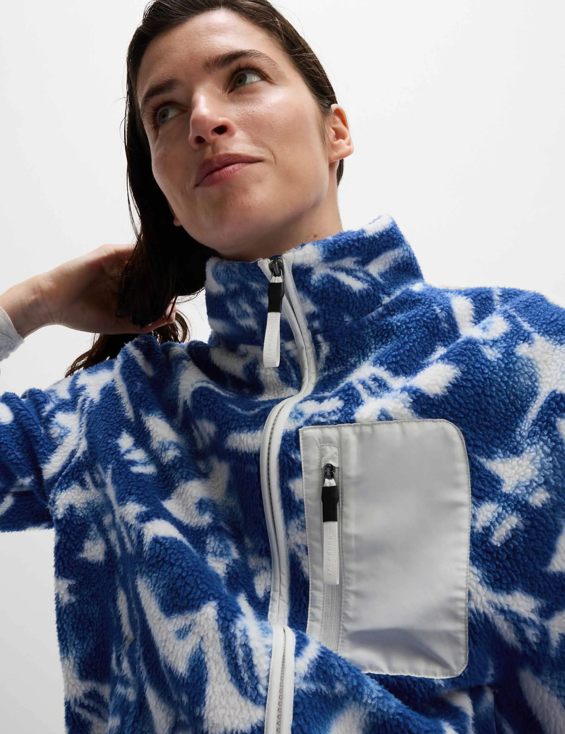 Borg Printed Funnel Neck Zip Up Fleece Jacket - Blue/White