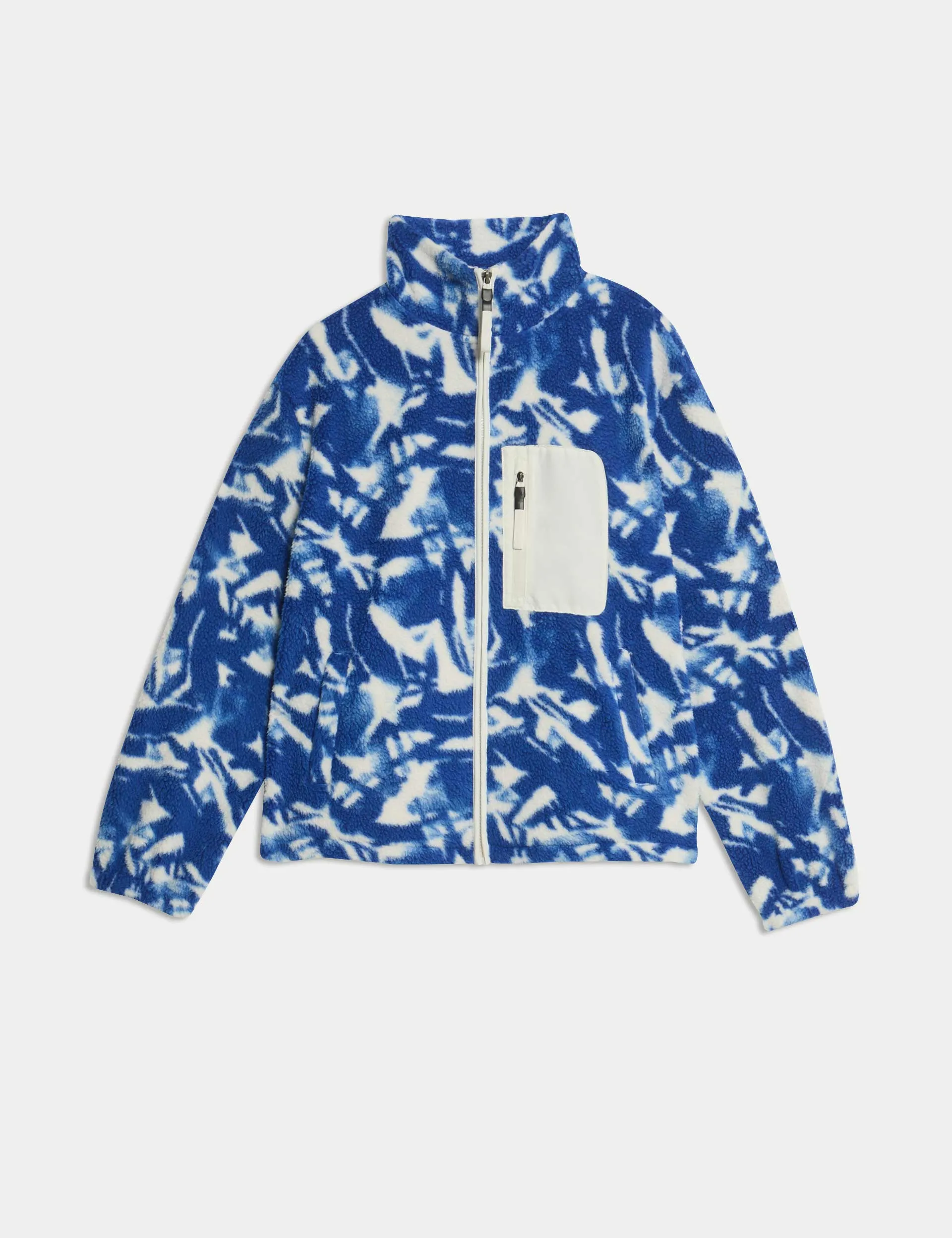 Borg Printed Funnel Neck Zip Up Fleece Jacket - Blue/White
