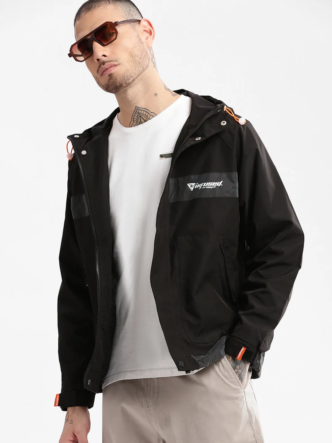 Men Hooded Black Solid Tailored Oversized Jacket
