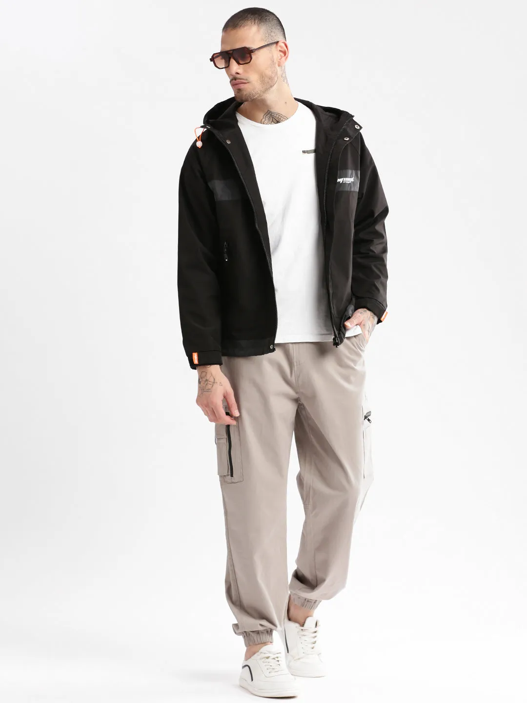 Men Hooded Black Solid Tailored Oversized Jacket