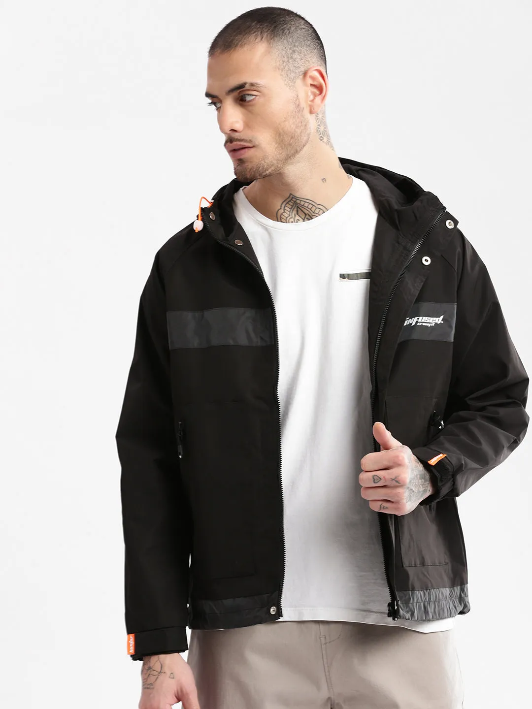 Men Hooded Black Solid Tailored Oversized Jacket