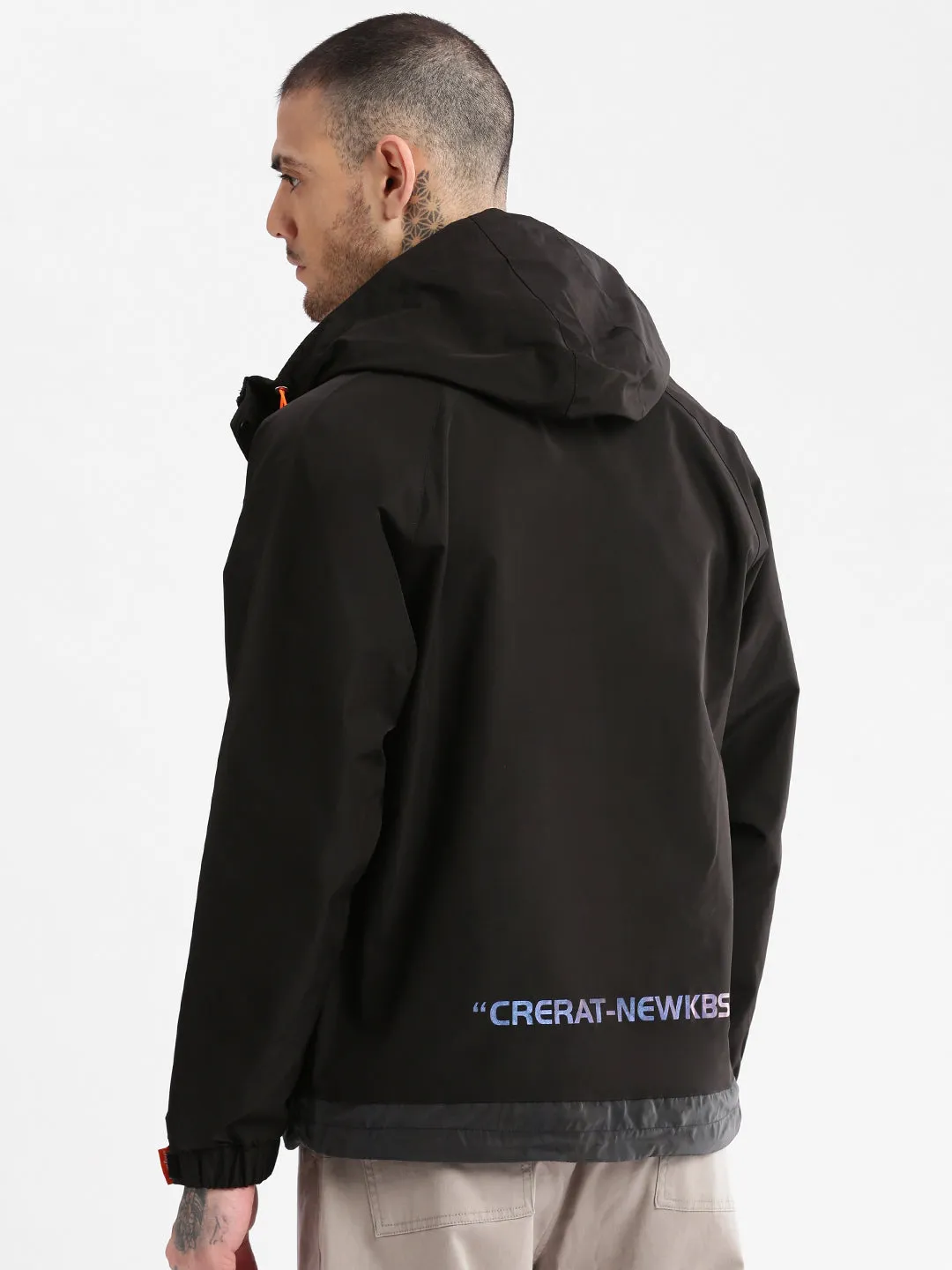 Men Hooded Black Solid Tailored Oversized Jacket