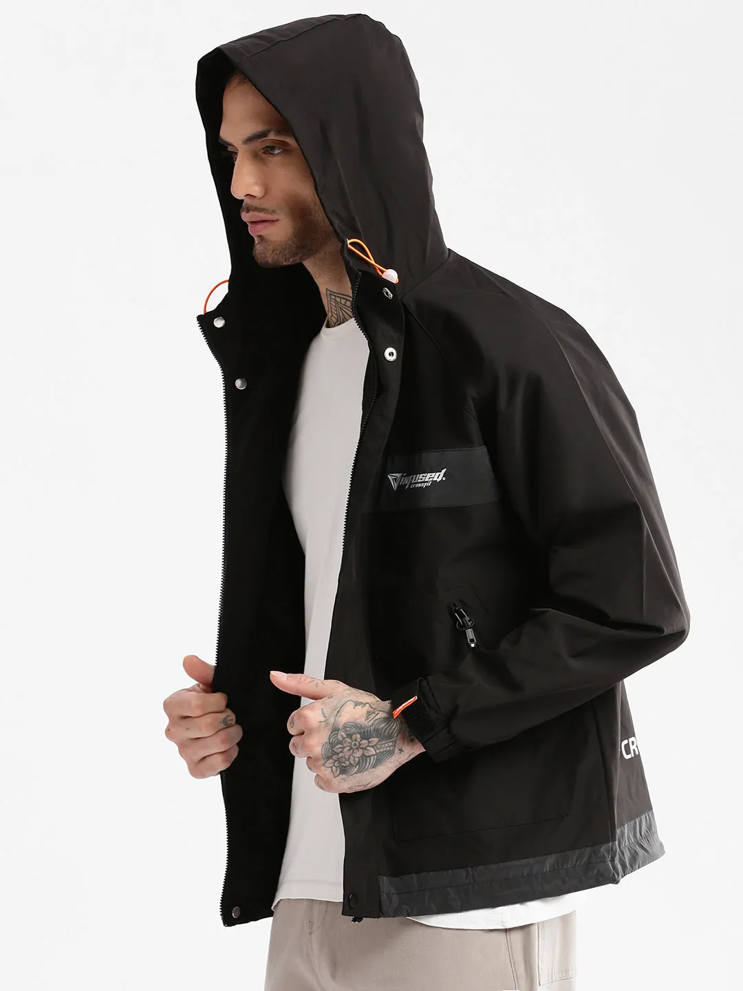 Men Hooded Black Solid Tailored Oversized Jacket