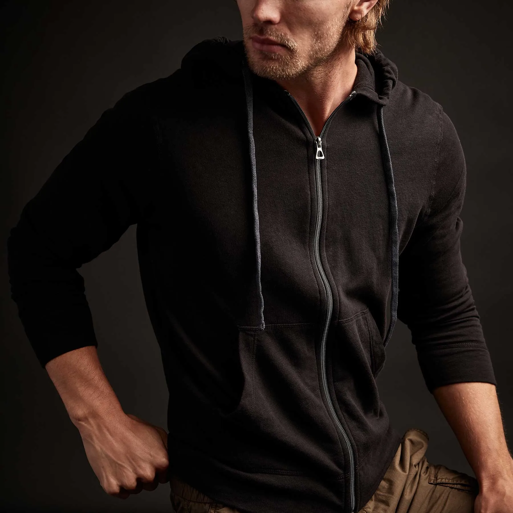 Vintage French Terry Zip Up Hoodie - Black