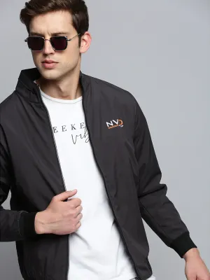 Men Grey Water Resistant Mock Collar Bomber Jacket