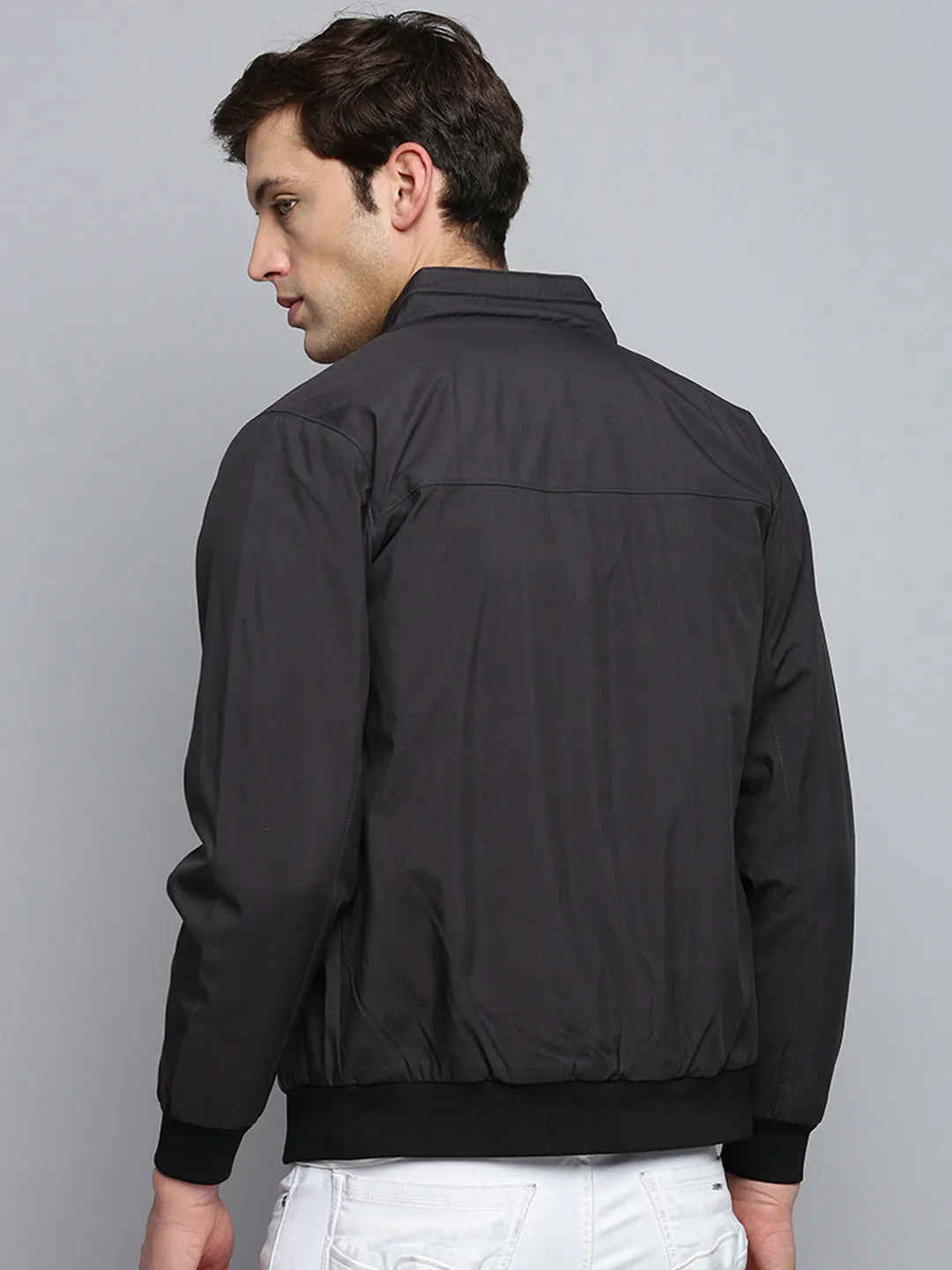 Men Grey Water Resistant Mock Collar Bomber Jacket