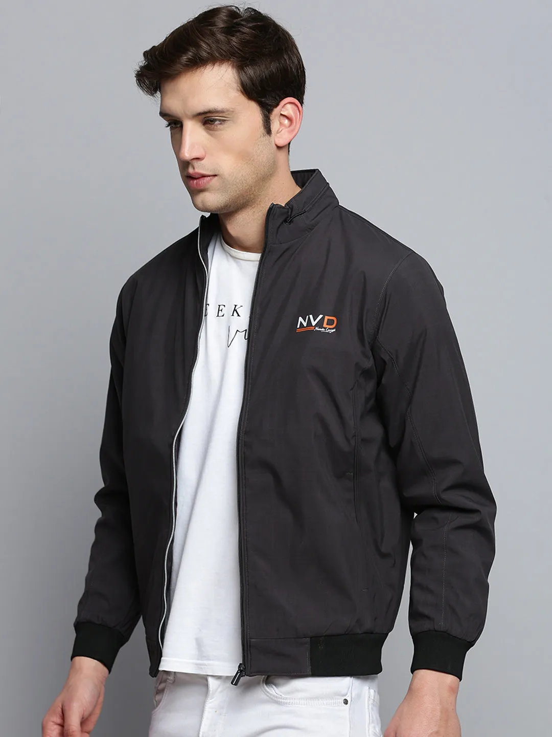 Men Grey Water Resistant Mock Collar Bomber Jacket