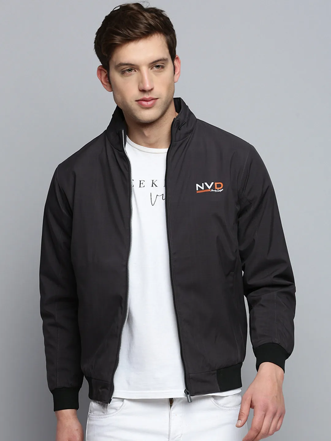 Men Grey Water Resistant Mock Collar Bomber Jacket