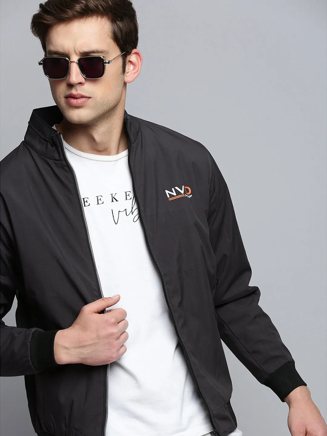 Men Grey Water Resistant Mock Collar Bomber Jacket