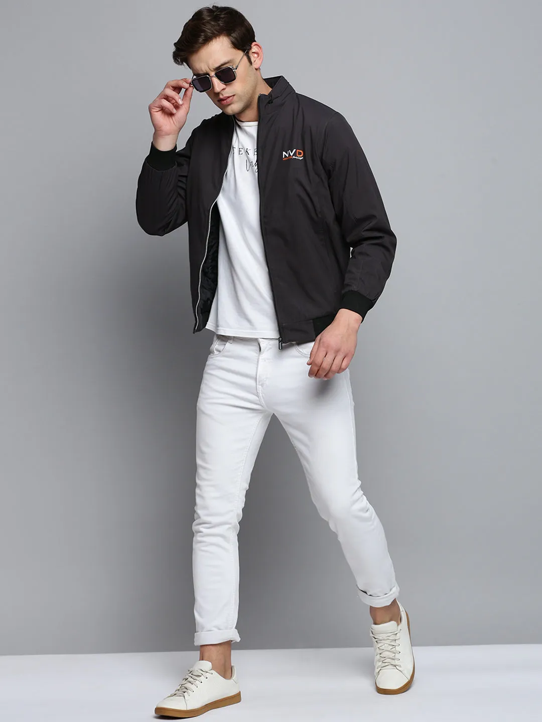 Men Grey Water Resistant Mock Collar Bomber Jacket